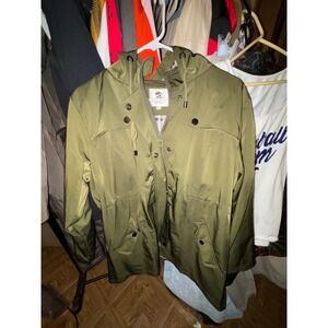 Saphir Rose Olive Green Hooded Anorak Jacket Plaid Lining